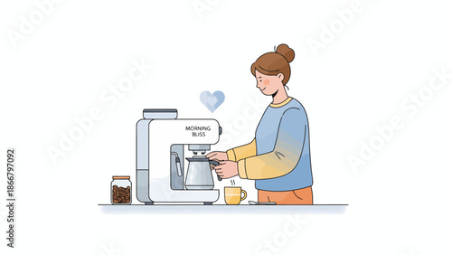 Woman preparing coffee with a coffee machine, a vector illustration of morning routine at home