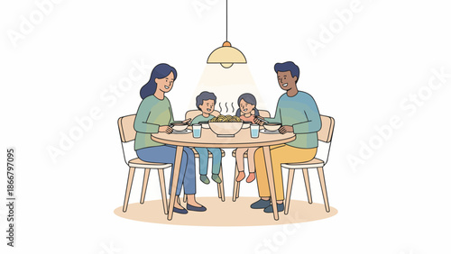 Family Group Dining at Table Sharing Meal Illustration.