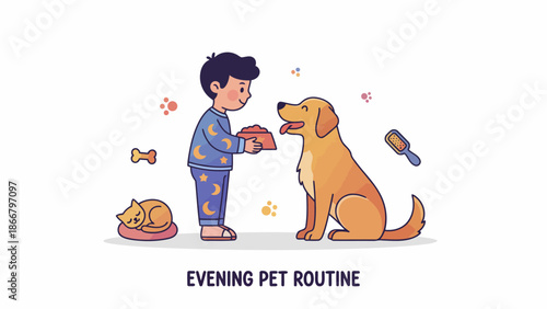 Man Feeding Dog During Evening Routine.
