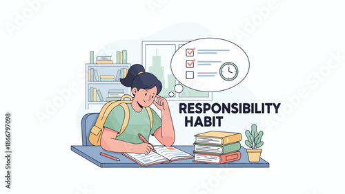 Young student studying with responsibility habit concept vector illustration at desk with books and thought bubble