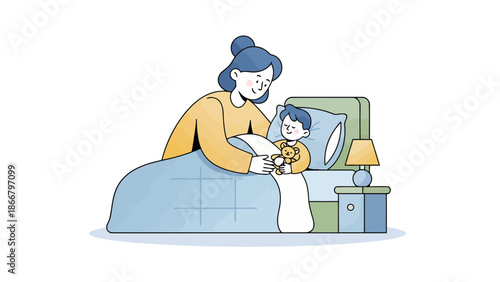Mother reading to child in bed, a heartwarming vector illustration scene at night with soft lighting