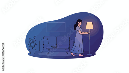 Woman adjusting lamp in modern living room, a minimalist vector illustration