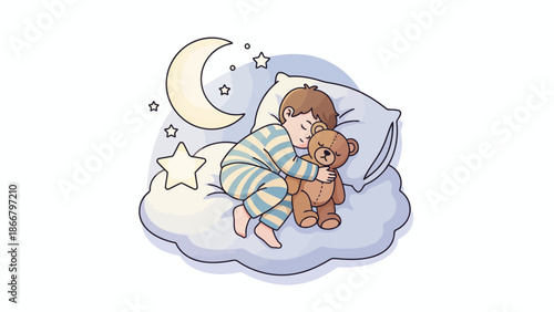 A serene child sleeping with teddy bear on cloud under moonlight vector illustration