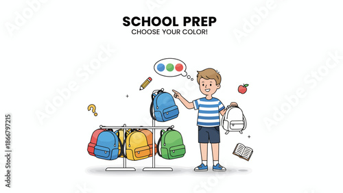 A young boy choosing a colorful backpack from a rack, surrounded by school supplies in a vector illustration