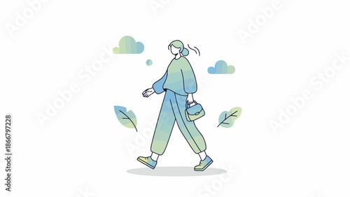 A person walking in a serene environment, surrounded by leaves and clouds, vector illustration