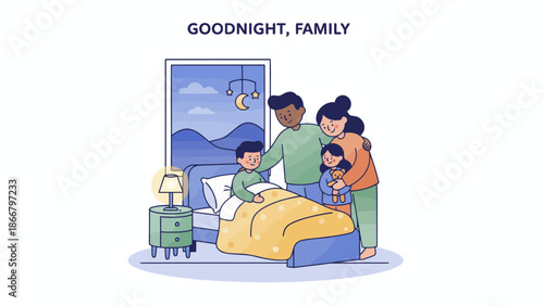 Family bedtime routine vector illustration with parents tucking children into bed in a cozy bedroom scene