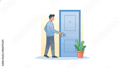 Man opening door with key, vector illustration of person entering home, doorway, and potted plant nearby