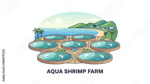 A serene aquaculture scene featuring shrimp farms near the beach, presented as a vector illustration from an aerial viewpoint