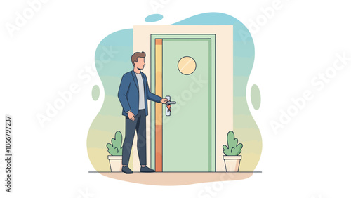 Man unlocking door with key in hand, a vector illustration of entering home