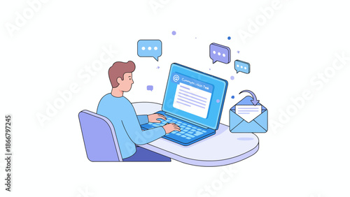 Man working on laptop with chat bubbles around, a modern vector illustration of remote communication