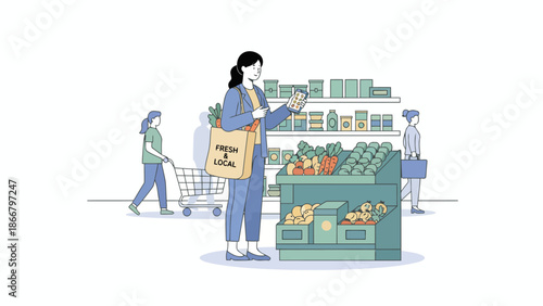A woman shopping for fresh produce in a supermarket, vector illustration from a slightly elevated viewpoint
