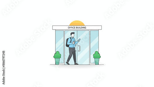 Man walking into office building vector illustration with briefcase and laptop