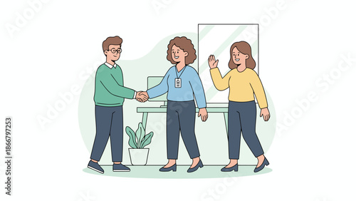 Business professionals shaking hands in a modern office setting, a vector illustration of a successful corporate meeting from a front viewpoint