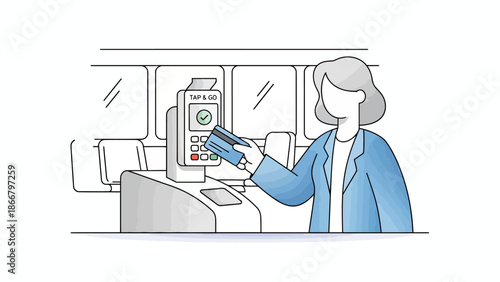Woman using a ticket machine at a train station, a simple vector illustration