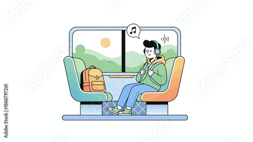 A young man sitting on a train seat listening to music on his phone, a vector illustration of daily commute scene