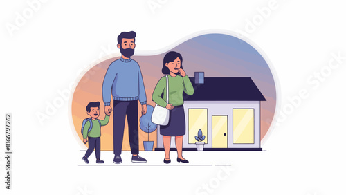 Family of three returning home together in the evening, a heartwarming vector illustration capturing a moment of love and togetherness