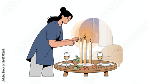 Woman setting festive dinner table with candles in a cozy dining room vector illustration