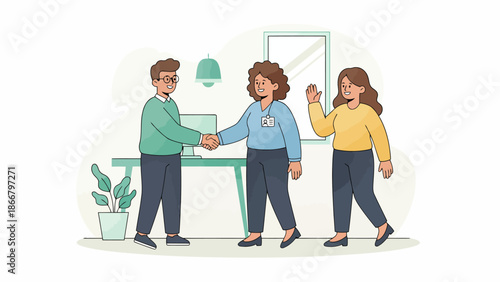 Business colleagues interacting in a modern office environment, a vector illustration of teamwork and collaboration between coworkers.
