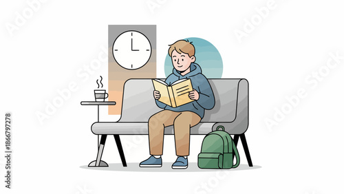 Young man sitting on bench reading a book in a waiting area vector illustration