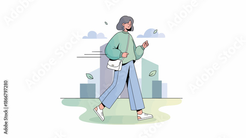 Casual Woman Walking Outdoors With Bucket.
