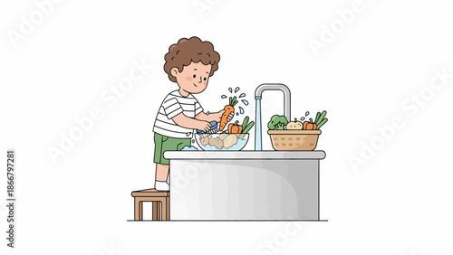 Young boy washing fresh vegetables in a kitchen sink vector illustration