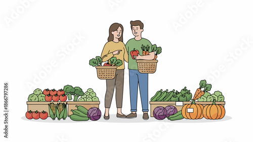 Couple Shopping for Fresh Produce at the Local Market, a Colorful Vector Illustration