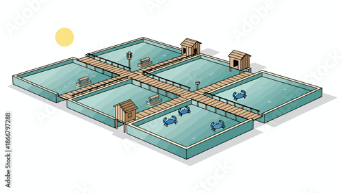 Isometric vector illustration of a water treatment plant with multiple pools and walkways