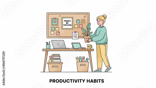 A person organizing tasks on a board at their desk, a vector illustration of productivity habits in a modern workspace