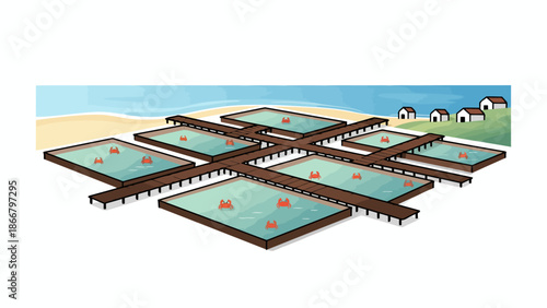 Vector illustration of a serene beachside shrimp farm with multiple ponds and a picturesque landscape