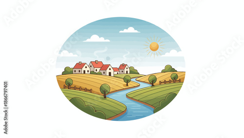 Serene landscape with houses, trees, and a river in a beautiful valley, vector illustration