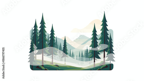 Serene forest landscape with trees, mountains, and mist, a vector illustration