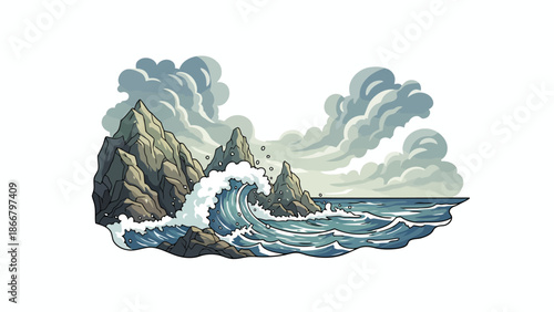 Crashing Ocean Wave Against Rocky Coastline Illustration.