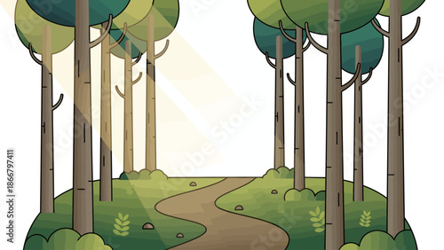 Cartoon Forest Path Through Tall Trees.