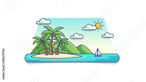 Tropical Island Getaway with Palm Trees and Sailboat, a Serene Scene in Vector Illustration