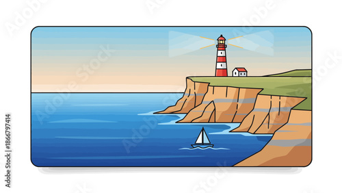 Serene coastal landscape with a lighthouse on a cliff, a sailboat in the ocean, vector illustration