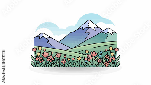 Serene mountain landscape with flowers and lush greenery in a beautiful vector illustration