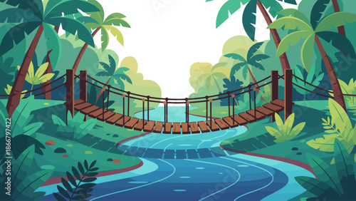 Suspension Jungle Bridge Over River Scene.