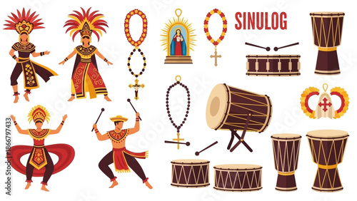 Sinulog Festival Elements Dancers, Instruments, and Religious Symbols in Vector Illustrations