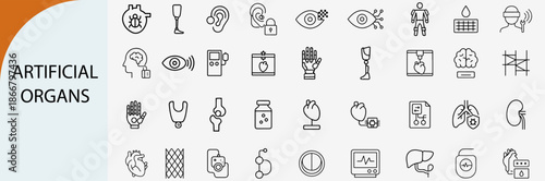 artificial organs and bionic implants icons, medical technology vector set