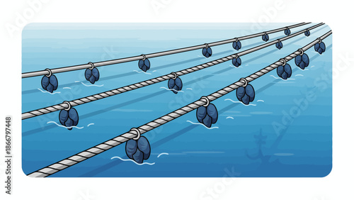 Ropes with buoys floating on the water surface, a detailed vector illustration