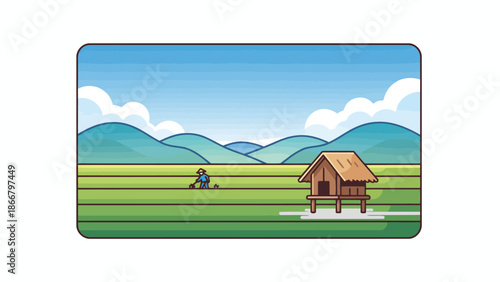 Serene rural landscape with a small wooden hut and a person working in the fields, a vector illustration