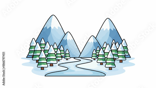 A serene winter landscape featuring mountains, trees, and a river in a beautiful vector illustration
