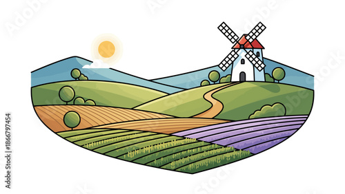Colorful rural landscape with windmill and fields.