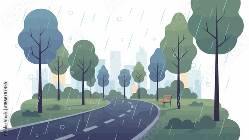 Rainy Day City Park Vector Illustration with Road, Trees, Bench, Rain, and Buildings