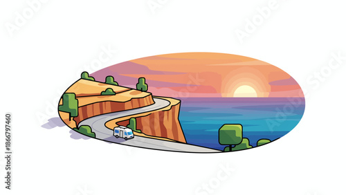 Scenic coastal road winding down cliffside at sunset vector illustration