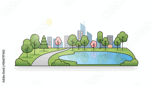 Serene city park with lake and walking path vector illustration