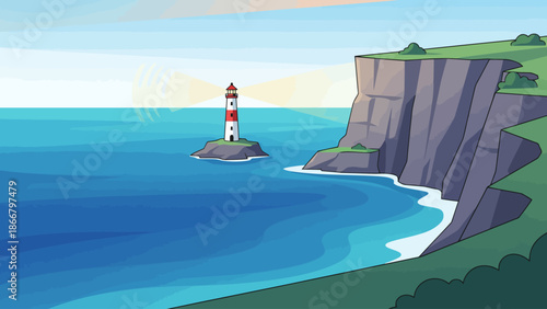 Lighthouse on Coastal Cliff Overlooking the Sea.