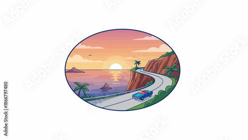 Coastal Road Journey Vector Illustration at Sunset with Ocean View