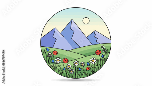 Circular landscape illustration of mountains fields and flowers.