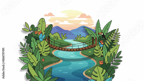 Lush Jungle River Bridge Over Calm Water.